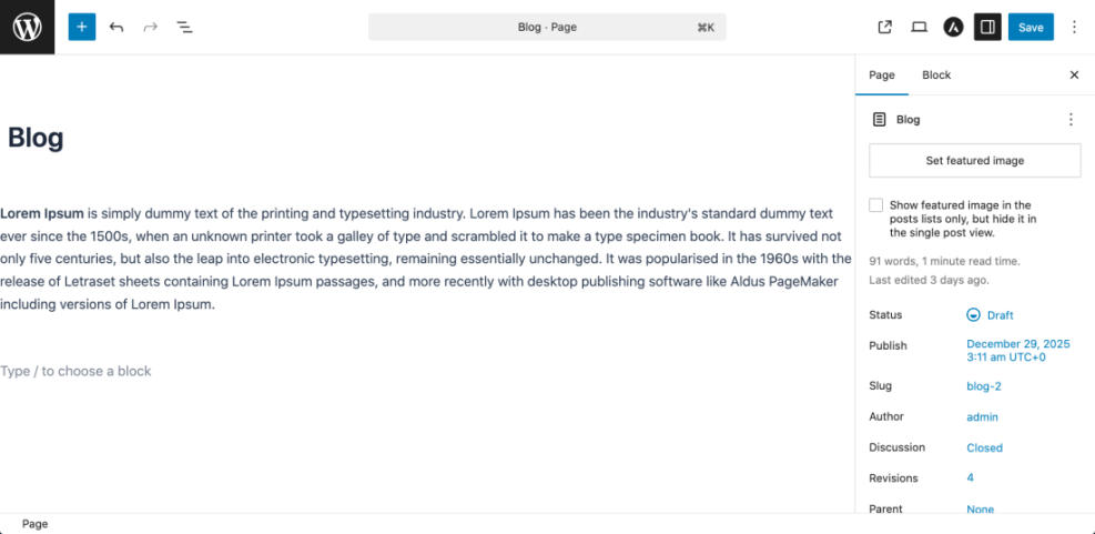 WordPress Block Editor for a 'Blog' page, showing Lorem Ipsum content and the page settings sidebar with draft status, publish date, and slug.