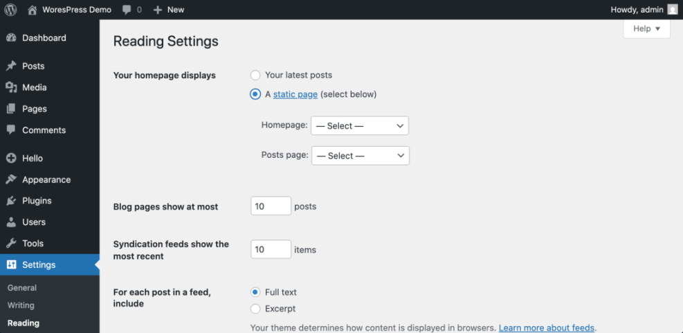 WordPress Reading Settings screen showing options to set a static homepage and a posts page for your blog.