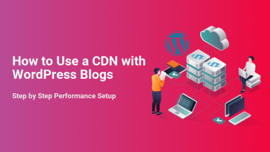 WordPress CDN setup for blogs, illustrated with connected servers, cloud, WordPress logo, and users accessing content for faster performance.