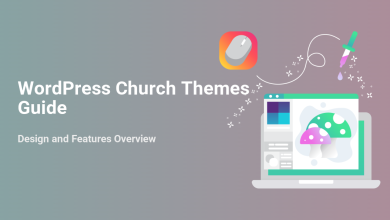 WordPress church themes guide cover image featuring a laptop with a website, a computer mouse, and a color dropper, highlighting design elements.