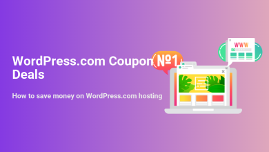 WordPress.com coupon deals graphic showing a laptop with a website, emphasizing how to save money on WordPress hosting with Nº1 discounts.
