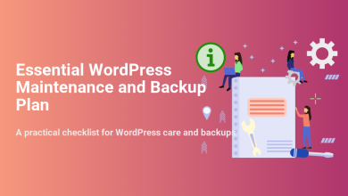 Essential WordPress maintenance and backup plan checklist graphic with people managing updates, security, and site care tasks.