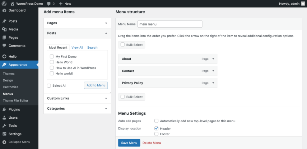 WordPress Menus screen showing how to set up the main navigation for a blog with pages like About and Contact.