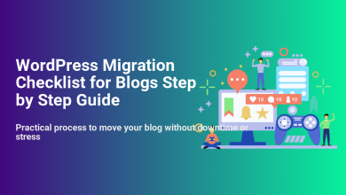 WordPress Migration Checklist for Blogs Step by Step Guide. Illustrations of a monitor showing positive social media engagement metrics and happy people, representing a stress-free blog migration process.
