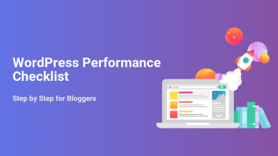 WordPress Performance Checklist for Bloggers. Image shows laptop, rocket, and books, symbolizing fast site optimization and learning.
