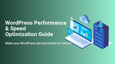 WordPress Performance & Speed Optimization Guide: Illustration showing a laptop, WordPress cloud, server, and a person optimizing the site speed.
