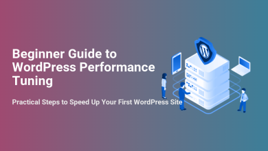 Beginner Guide to WordPress Performance Tuning showing people optimizing server racks under a WordPress shield for faster site performance.