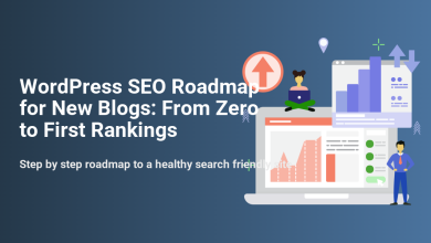 WordPress SEO roadmap for new blogs, illustrating steps to achieve first rankings. Features a laptop with analytics charts, showing traffic growth and optimization.