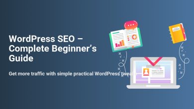 WordPress SEO Beginner's Guide image: Book with charts, notebook, laptop. Learn practical steps for higher rankings.