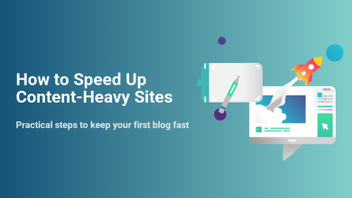 Illustration for WordPress speed optimization showing a rocket launching from a website interface on a monitor, symbolizing fast content-heavy sites.