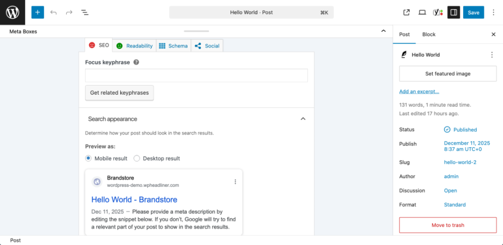 WordPress editor showing SEO meta box settings for on-page optimization, including focus keyphrase, search appearance preview, and post status.