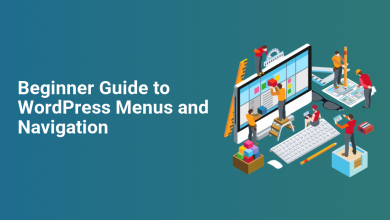 Small figures collaboratively designing WordPress menus and site navigation elements on a computer screen, representing a beginner's guide.