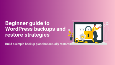 WordPress backup & restore illustration: laptop, padlock, shield, key. Visualizing website security and data recovery strategies.