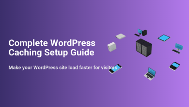 A server connected to various user devices illustrates WordPress caching for faster site loading, as part of the setup guide.