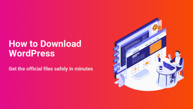 Isometric illustration of a person developing a website with code and design elements, accompanying the guide on how to safely download WordPress.