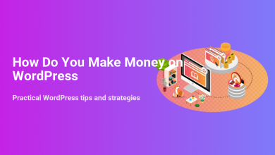 Illustration asking 'How Do You Make Money on WordPress' alongside graphics representing e-commerce, digital products, and online monetization strategies.