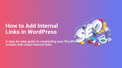 How to Add Internal Links in WordPress, illustrated with small isometric figures working around large 'SEO' text, charts, and coins.