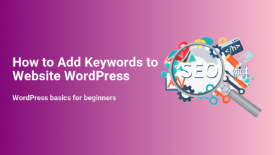 How to add keywords to a WordPress website illustrated with a magnifying glass over SEO text and various web development and analytics icons.