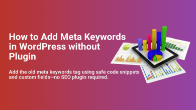 Tablet showing data analytics with bar and pie charts, illustrating adding meta keywords in WordPress without a plugin for SEO.