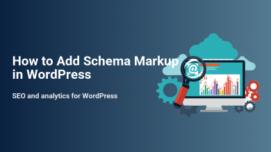 How to add schema markup in WordPress for SEO, illustrated with a computer showing data analytics, gears, cloud, and a magnifying glass.