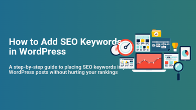 Illustration of 'How to Add SEO Keywords in WordPress' with SEO tools like a laptop, analytics, magnifying glass, and documents for content optimization.