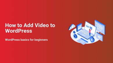 How to Add Video to WordPress banner with an illustration of a laptop, developer, cloud upload, video player, and security icons.