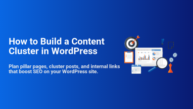 WordPress content cluster strategy featuring a laptop with SEO analytics, a target, calendar, and checklist for pillar pages and internal links.