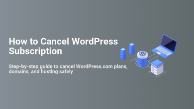 Illustration of a laptop, server racks, and a WordPress database, symbolizing WordPress.com subscription and hosting cancellation.
