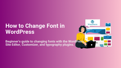 Woman working on a laptop with WordPress website designs on desktop and mobile, illustrating how to change font in WordPress using various tools.