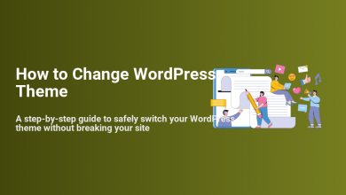 Changing WordPress theme safely. Illustration shows a team collaborating on website design in a browser, ensuring a smooth transition.