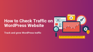 Illustration of website analytics tools, including a growth chart, magnifying glass, and speedometer, used to check traffic on a WordPress website.