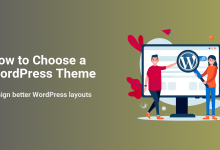 A man and woman collaboratively searching for and selecting the best WordPress theme on a computer screen, using a magnifying glass to inspect options.