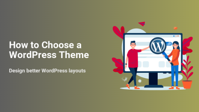 A man and woman collaboratively searching for and selecting the best WordPress theme on a computer screen, using a magnifying glass to inspect options.