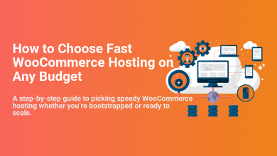 Illustration for a guide on fast WooCommerce hosting, depicting cloud servers, connected devices, databases, and admin gears for optimal speed.