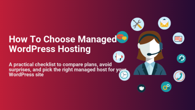 Illustration for 'How To Choose Managed WordPress Hosting' showing a support agent with icons for performance, tools, and support.