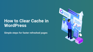 Illustration of a person managing data and performance metrics with charts, alongside the text 'How to Clear Cache in WordPress'.