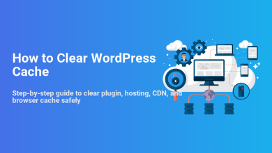 Diagram showing how to clear WordPress cache, covering plugin, hosting, CDN, and browser cache with server and device connections.