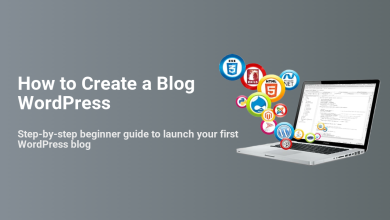 How to create a blog WordPress: a beginner guide with a laptop, code, and web tech icons like WordPress, HTML5, CSS3.