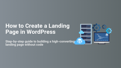 Illustration showing how to create a high-converting landing page in WordPress without code, featuring servers, cloud hosting, and a monitor with code.