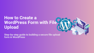 Guide on creating a secure WordPress form with file upload, showing the WordPress logo, gears, and people managing digital files.