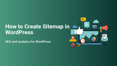 Illustration for 'How to Create Sitemap in WordPress' with a laptop displaying SEO analytics, a thumbs-up, and digital marketing icons.