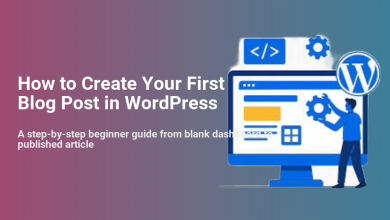 WordPress dashboard illustration with a person setting up or optimizing content, representing a guide to creating your first blog post.