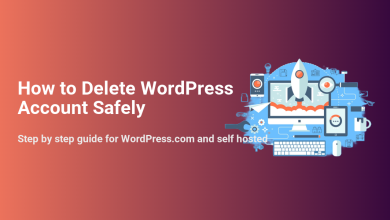 Guide on how to delete WordPress account safely, featuring an illustration with computers, mobile devices, and a launching rocket.