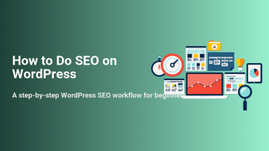 Visual guide on how to do SEO on WordPress for beginners, with a laptop showing analytics, a magnifying glass, and various SEO optimization tools.