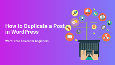 Hands typing on a laptop with a network of WordPress functionality icons, illustrating how to duplicate a post in WordPress.