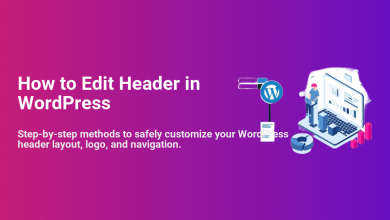 A person customizing a WordPress header on a laptop, with the WordPress logo, representing layout, logo, and navigation edits.