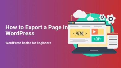 Illustration for exporting a WordPress page, showing a laptop with HTML code, cloud data transfer, and gears, symbolizing backup and content migration.