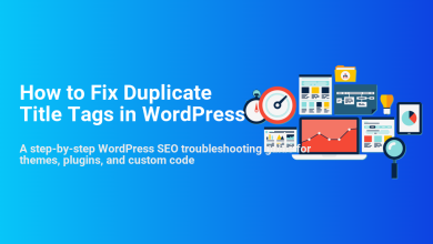 Illustration for 'How to Fix Duplicate Title Tags in WordPress' showing SEO troubleshooting with a laptop, magnifying glass, and analytics icons.
