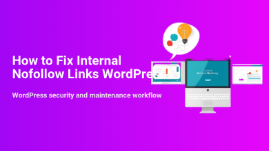 Fix internal nofollow links WordPress with this visual guide. Features computers, analytics, and a lightbulb symbolizing SEO solutions.