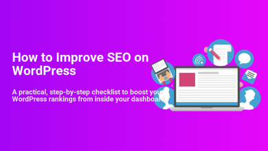 Improve SEO on WordPress: laptop, hands typing, content, analytics, and user icons for a practical step-by-step checklist.